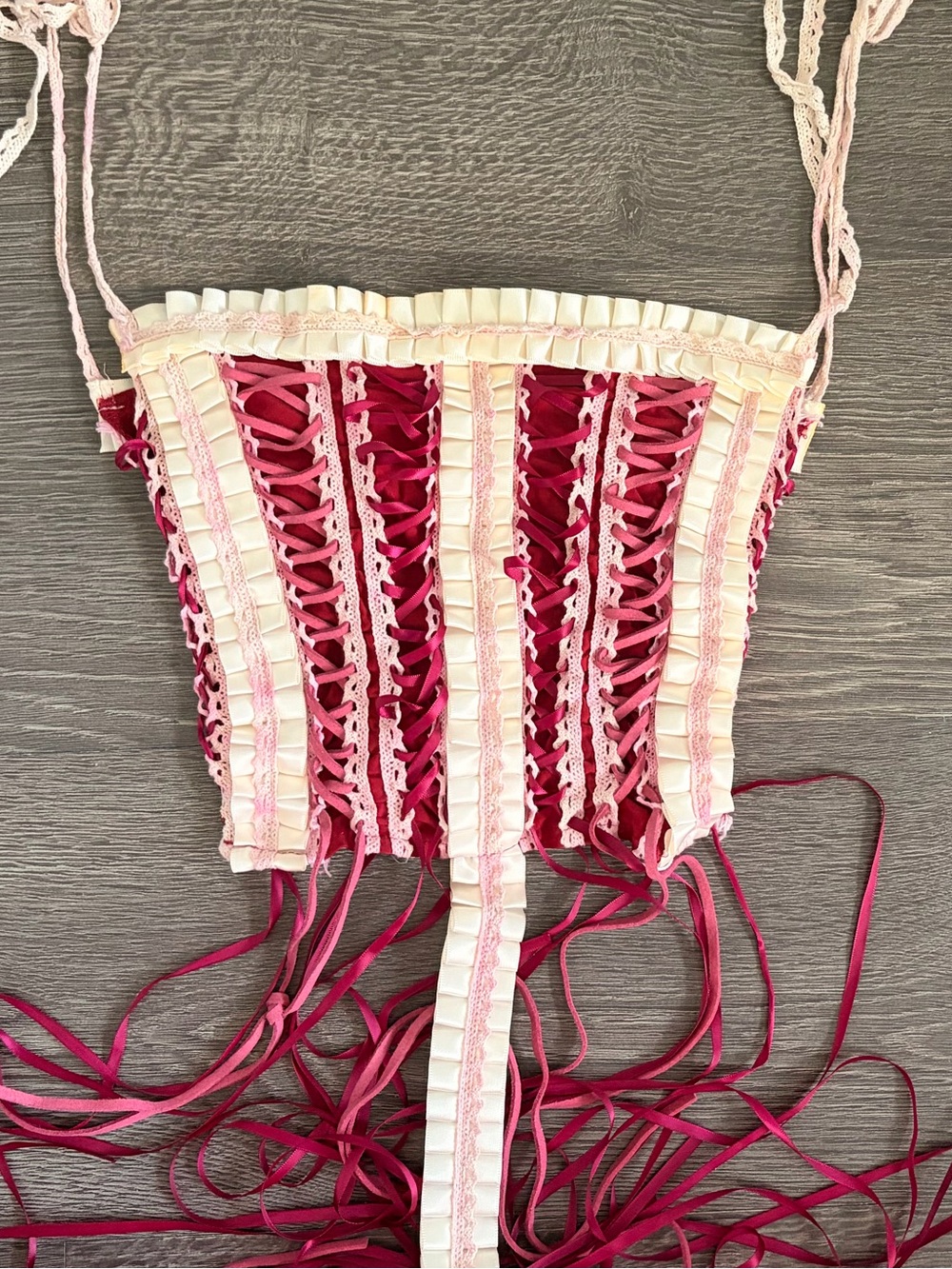 Pink and Cream Lace-Up Decorative Corset Top